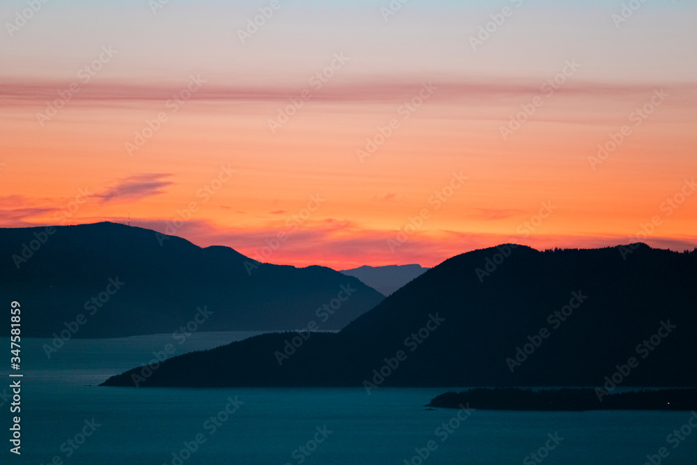 Sunset behind the San Juan Islands of Puget Sound in Washington