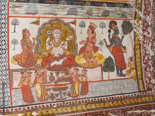 Wall paintings of Orchha Fort and Palace, Madhya Pradesh, India.