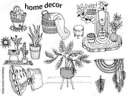 coloring interior decoration elements: cactus in a flowerpot, indoor plants, macrame pan, coffee machine, basket with a plaid, stand.