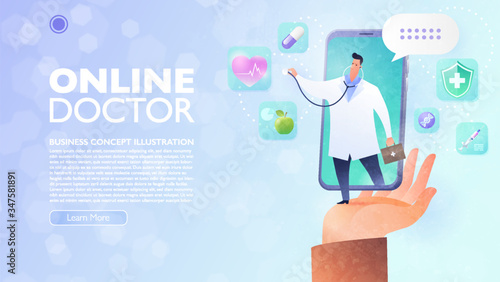 Online Doctor and Telemedicine concept. Patient's hand holding a smartphone video calling a doctor via smartphone apps anytime and anywhere. Medical healthcare landing page. Vector illustration.