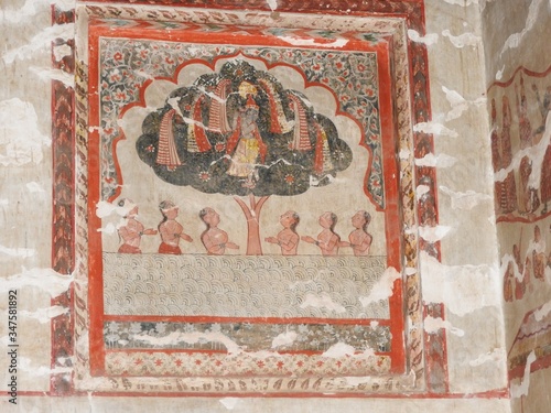 Wall paintings of Orchha Fort and Palace, Madhya Pradesh, India. photo