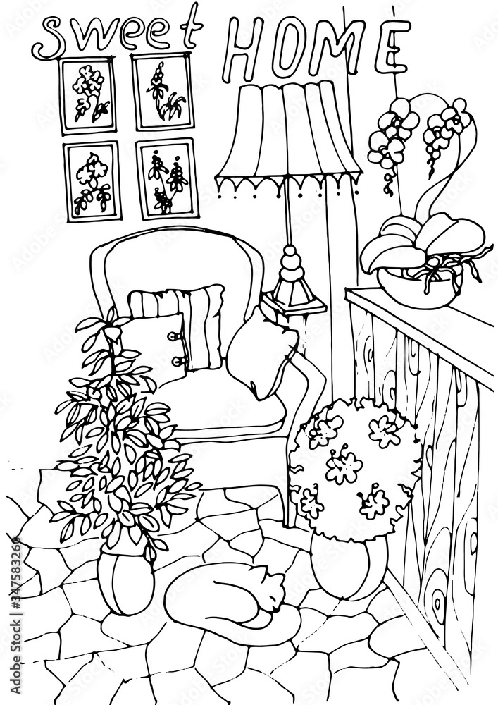 Obraz premium coloring the interior of the living room (a cozy chair with pillows, a cat, flowerpots with indoor plants)