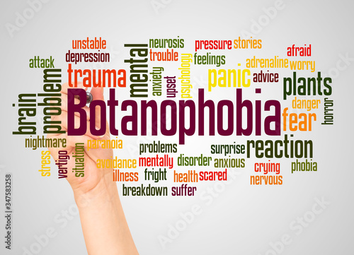 Botanophobia fear of plants word cloud and hand with marker concept photo