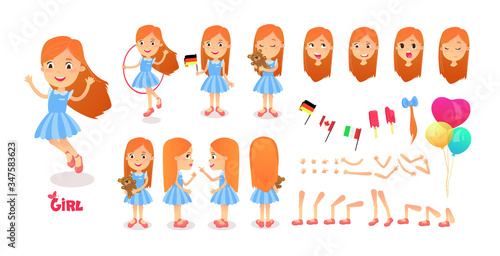 Boy character constructor. Cartoon boy creation mascot kit. Character creation set poses and emotions for animation and illustrations. Cute little cartoon girl.