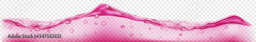 Horizontal banner with translucent water wave in crimson colors with air bubbles, isolated on transparent background. Transparency only in vector file