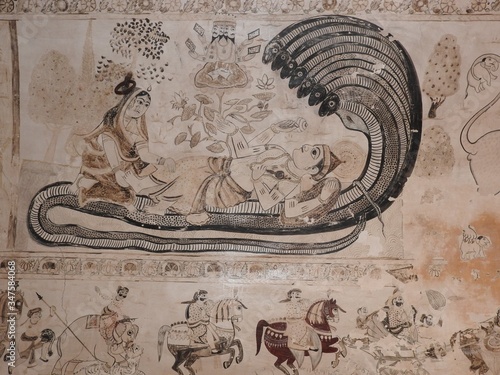 Ancient Lakshmi Narayan temple, wall paintings, Hindu religion, Orchha, Madhya Pradesh, India. photo