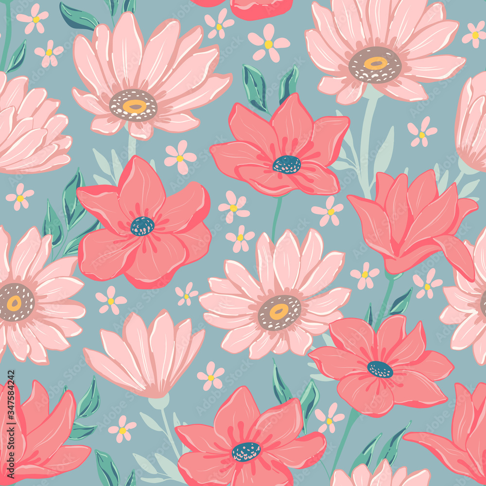 Flowers seamless pattern. Tile vector illustration of endless petals and flowers. Flowers seamless pattern. Tile vector illustration of endless petals and flowers.