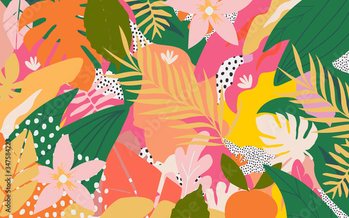 Colorful flowers and leaves poster background vector illustration. Exotic plants, branches, flowers and leaves art print for beauty, fashion and natural products, spa and wellness, wedding and events