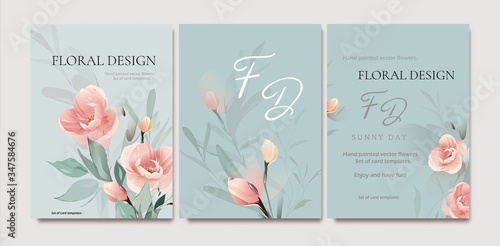 Set of card with flower rose, leaves. Wedding concept. Floral poster, invite. Vector decorative greeting card or invitation design background