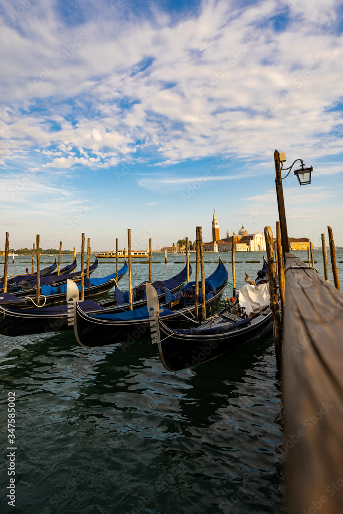 Gondolas moored by st marks square in Venice Italy