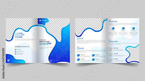Geometric elements style business bi-fold brochure design. With blue gradient shapes, front page design layout template with bleed in A 4 size vector template.