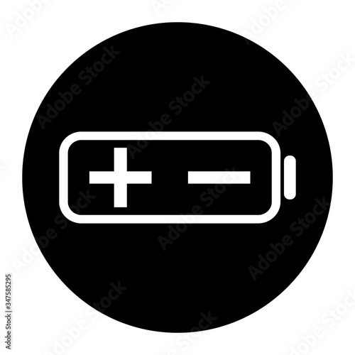 Battery, plus minus icon on black circle. White background