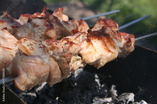a pork meat on the grill in the spring garden