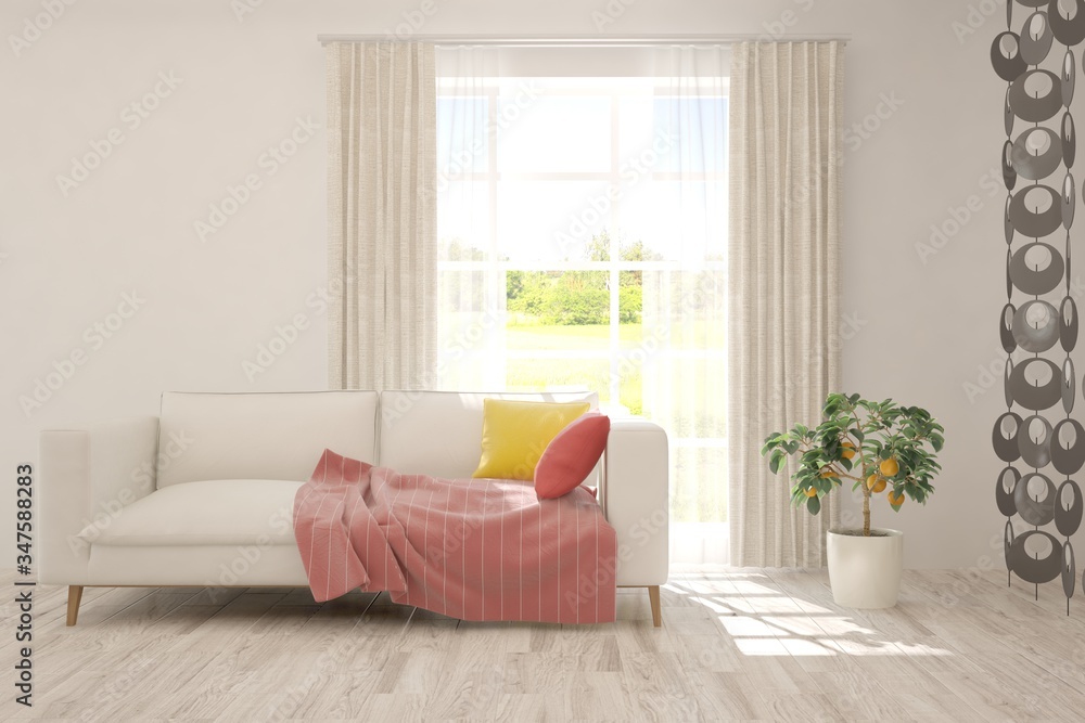 Fototapeta premium White living room with sofa. Scandinavian interior design. 3D illustration