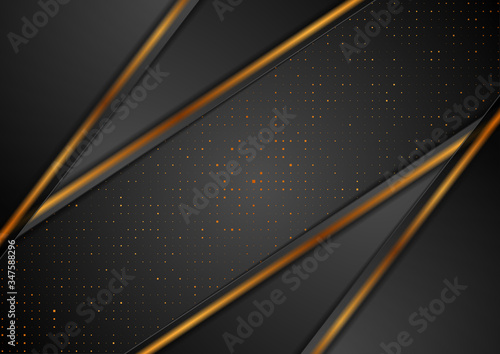 Black abstract background with luxury bronze dots and smooth stripes. Geometric corporate vector design