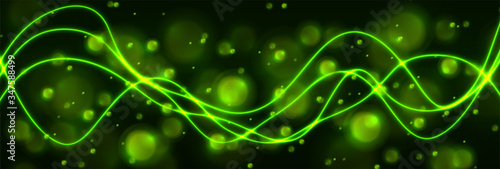 Green shiny neon waves and glowing bokeh particles abstract background. Vector banner design