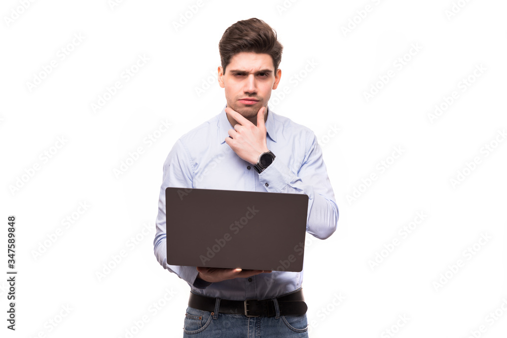 Portrait of man clothed in suit and tie, thinking about computer repairing, isolated on white background Portrait of man clothed in suit and tie, thinking about computer repairing, isolated on white background