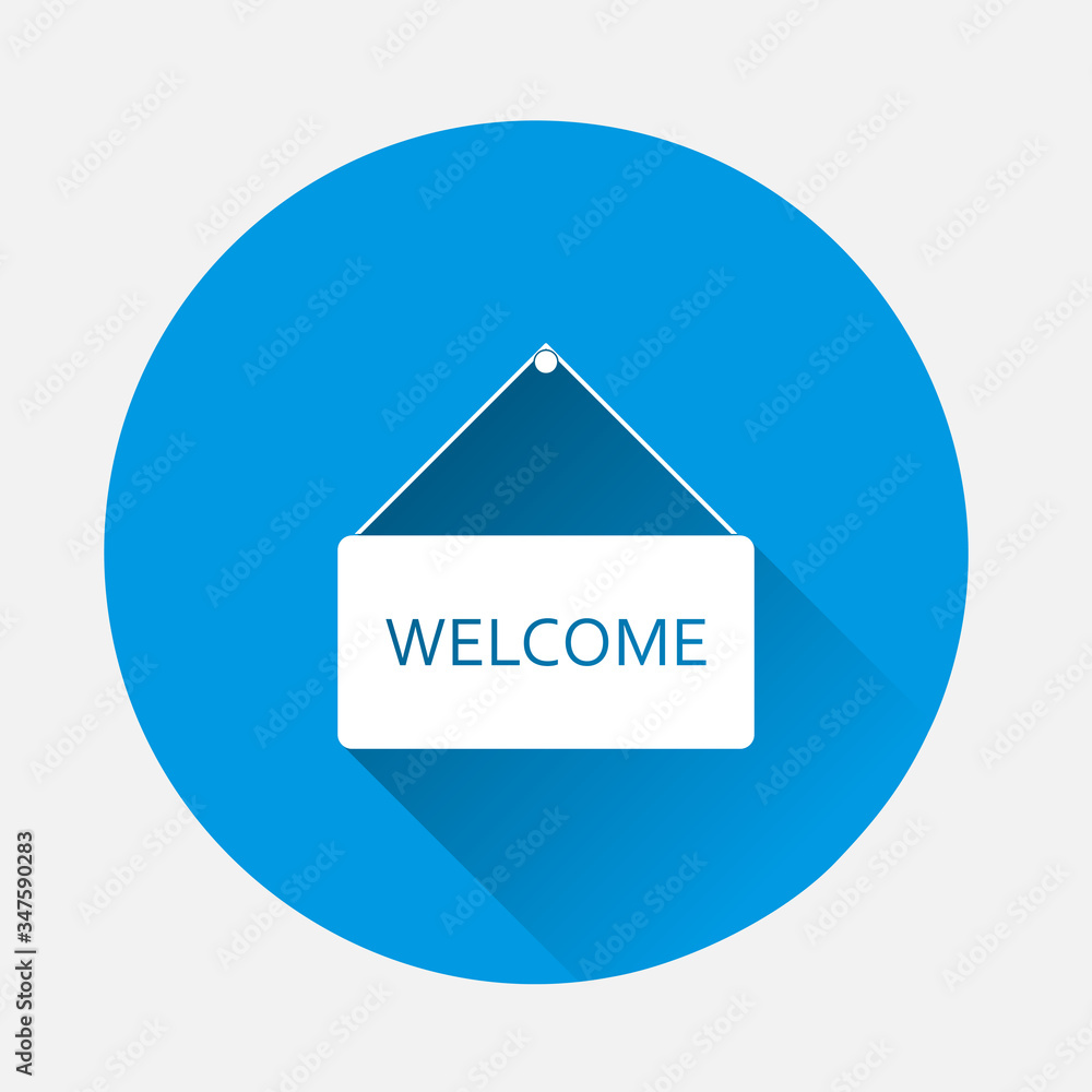 Welcome sign icon on blue background. Flat image with long shadow. Welcome sign icon on blue background. Flat image with long shadow.