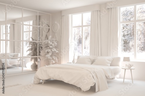 Modern bedroom in white color. Scandinavian interior design. 3D illustration