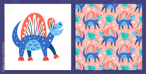 Little cute blue dinosaur. Prehistoric animals. Jurassic world. Paleontology. Reptile. Archeology.  Flat colourful vector illustration, art. Dinosaur seamless pattern on pink background.