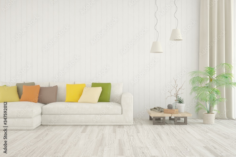 Fototapeta premium White living room with sofa. Scandinavian interior design. 3D illustration