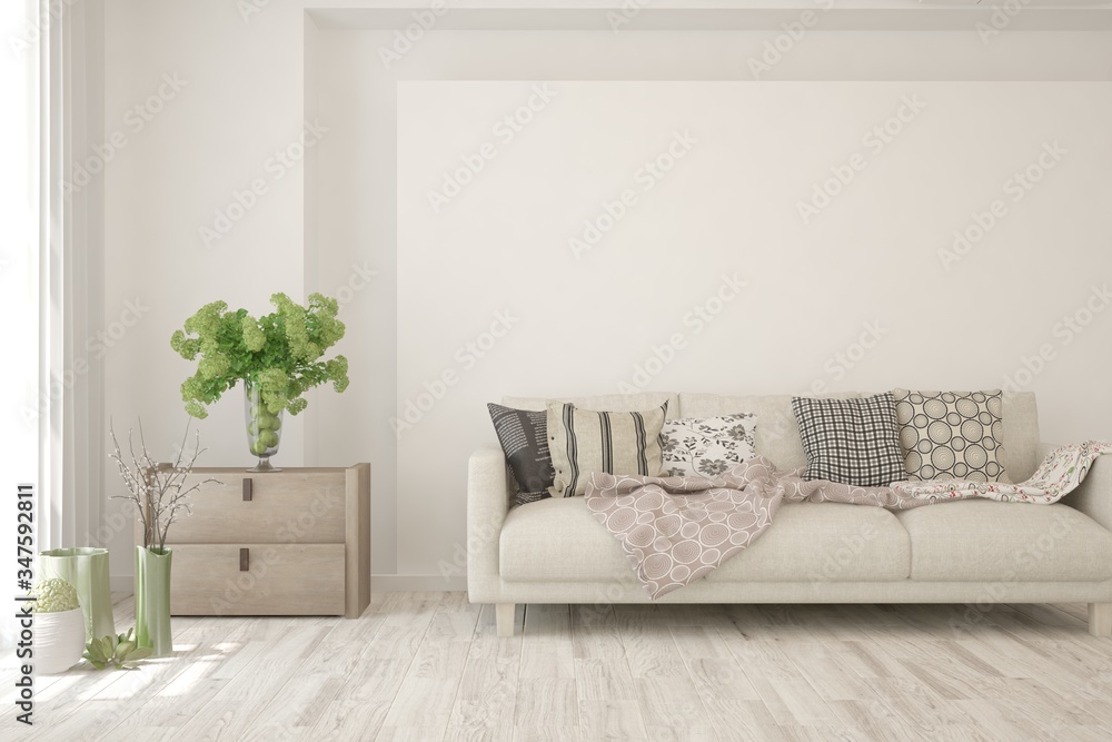 Naklejka premium White living room with sofa. Scandinavian interior design. 3D illustration