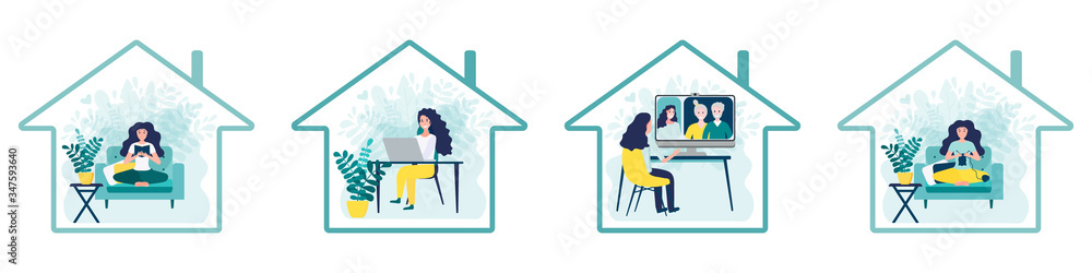 Set of home activites inside house icon. Woman reading book, working online on laptop, having video call with parents, knitting on sofa. Vector flat illustration. Set of home activites inside house icon. Woman reading book, working online on laptop, having video call with parents, knitting on sofa. Vector flat illustration.
