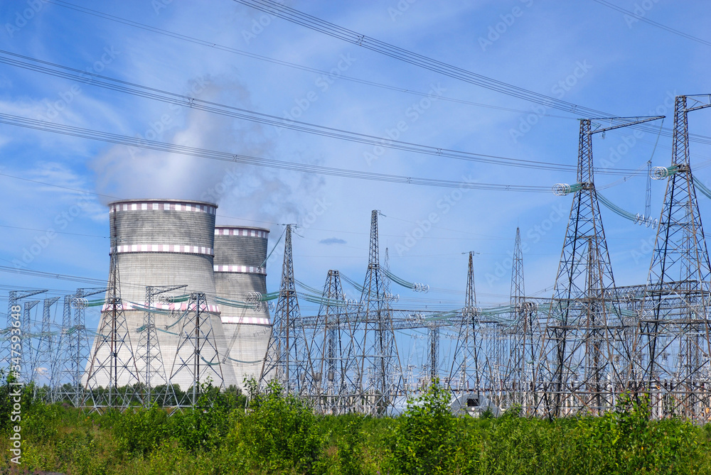 Russian Power plant with two coolers and violet flowers around it Russian Power plant with two coolers and violet flowers around it