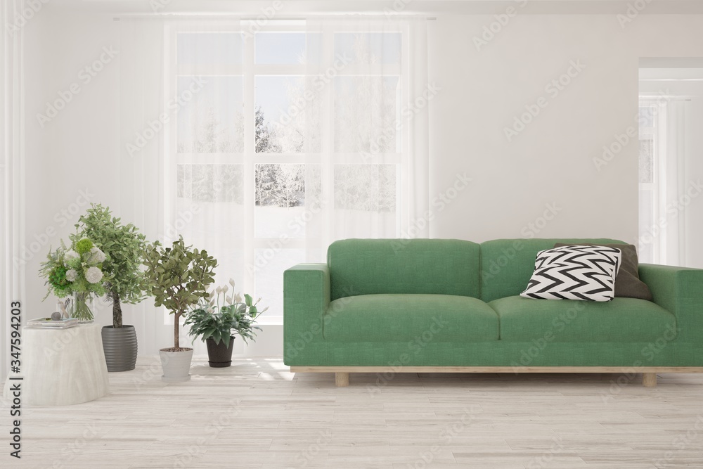 Fototapeta premium White living room with sofa. Scandinavian interior design. 3D illustration