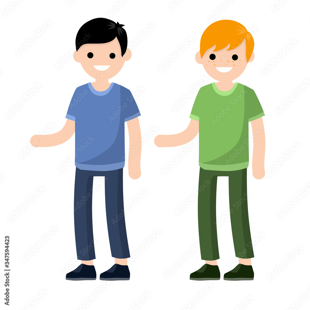 Young man. Set of Guys in gray t-shirt and jeans. The gesture of taking and giving hands. Cartoon flat illustration isolated on white