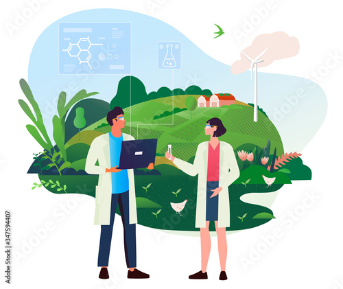 Vector Illustration of smart farm, ranch, farming, farming. Diagnostics of the state of wheat and rapeseed crops with the help of high technology and innovation. Concept