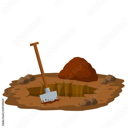 Digging a hole. Shovel and dry brown earth. Grave and excavation. Cartoon flat illustration in white background. Funeral in desert. Pile dirt and stones