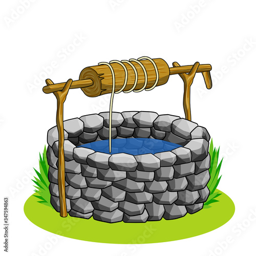 Round stone well for water extraction. Wooden elements of mechanism with rope and lever. Element of the countryside. Old village building. Cartoon drawn illustration photo