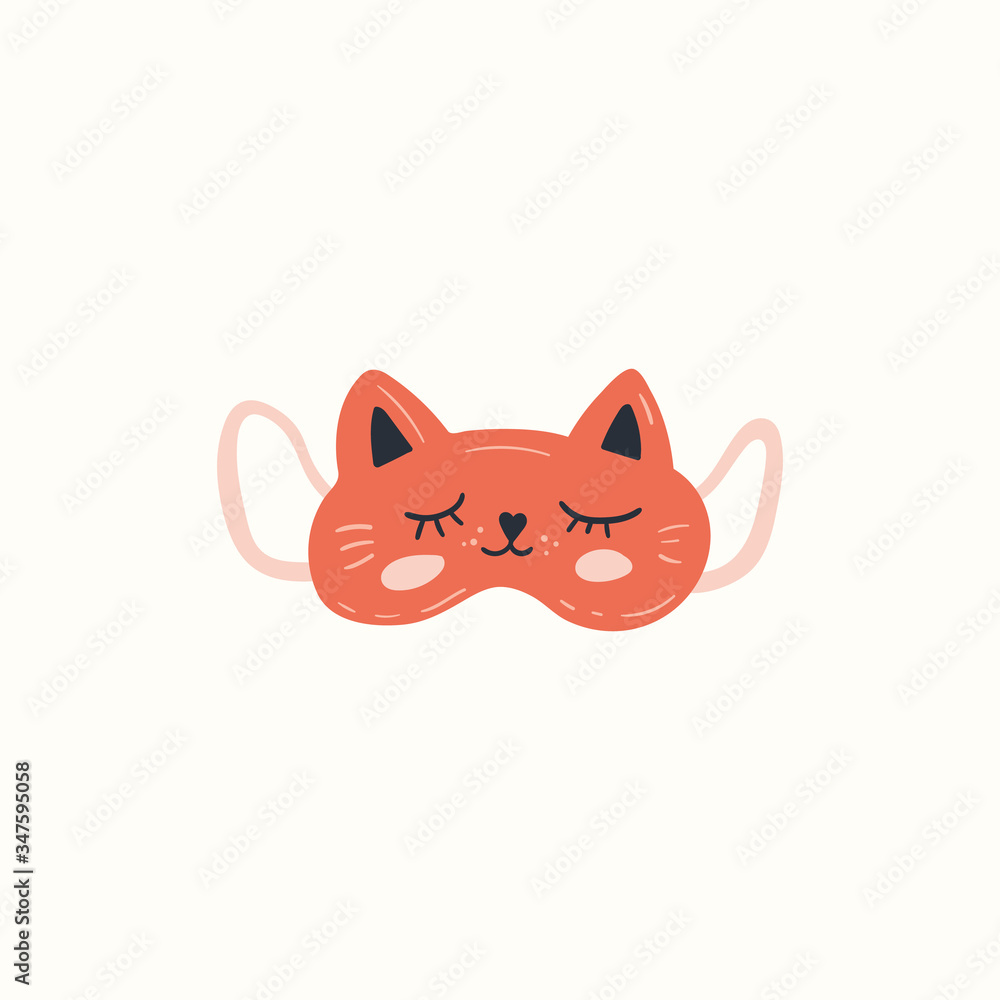 Obraz premium Sleep mask Cat. Animal character. Work at home, coworking space, concept vector illustration. For poster design, kids print, greeting card, social media post, cards, textile. Scandinavian style.