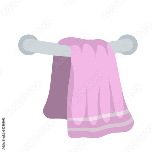 Pink towel on holder. Object on wall. Cartoon flat illustration. Element of bath, shower and kitchen. dry off with towel