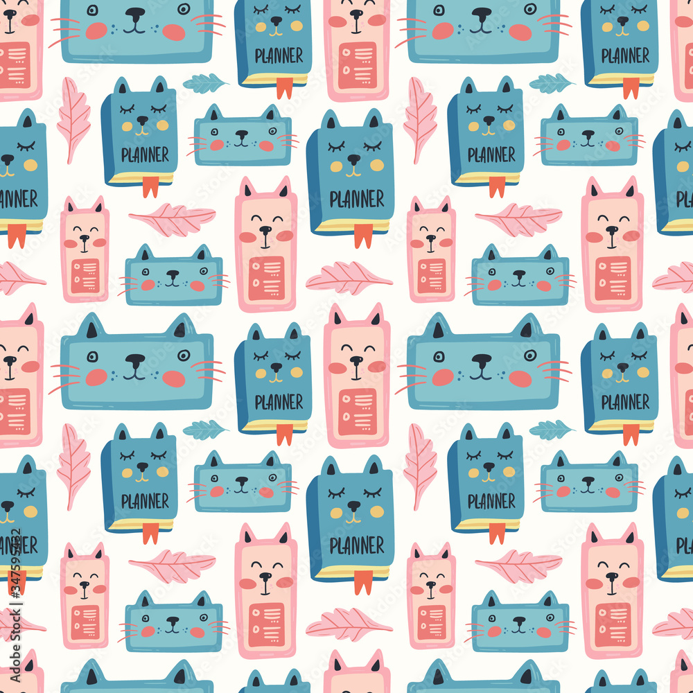Work at home. Vector seamless pattern design. Cute and funny cats isolated on the white background. Trendy animals in caps and glasses. Creative childish pink texture. Great for fabric, textile.