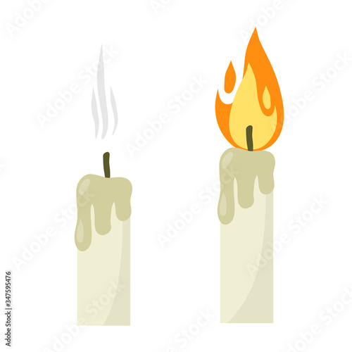 Candle with fire. flame with wick. Element of a new year, religion and villages. Wax object for lighting. Cartoon flat illustration