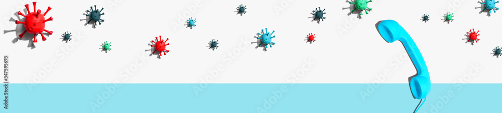 Telehealth theme with virus and telephone - flatlay Telehealth theme with virus and telephone - flatlay