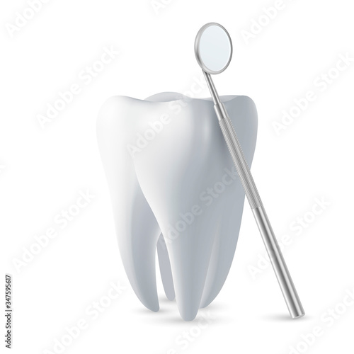 Vector 3d Realistic Dental Inspection Mirror for Teeth with Tooth Icon Closeup Isolated on White Background. Medical Dentist Tool. Design Template, Clipart. Dental Health Concept