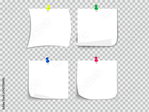 Stationery, white sheets of paper on a white background with curved edges and a shadow on the edges pinned with multi-colored stationery buttons. Small pieces of paper for notes or notes. Vector.