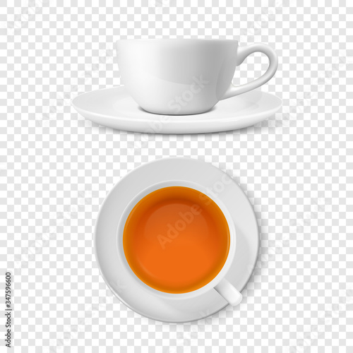 Vector 3d Realistic White Porclean, Ceramic Tea Cup, Mug Set with Black or Red Tea Closeup Isolated on Transparent Background. Design Template, Clipart. Top and Front View