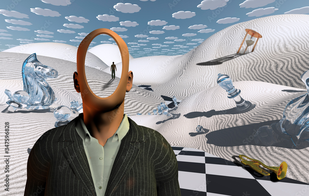 Surreal desert with chess figures, hourglass and trumpet. Faceless man in suit. Figure of man in a distance. - obrazy, fototapety, plakaty 