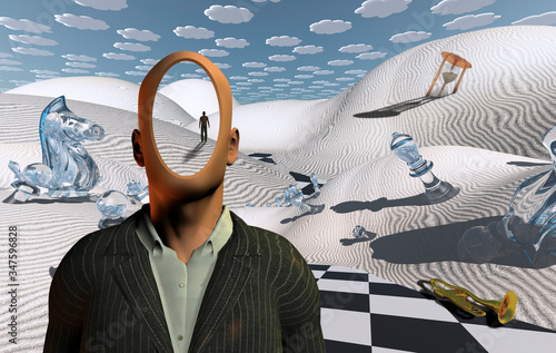 Surreal desert with chess figures, hourglass and trumpet. Faceless man in suit. Figure of man in a distance.