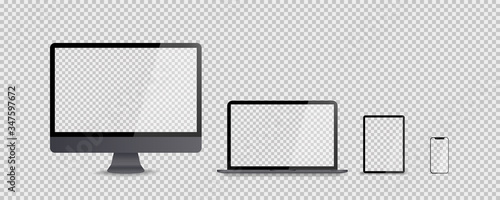 Devices mockup in realistic trendy design on transparent background. Vector isolated devices illustration. Set of computer laptop tablet and smartphone with empty screens. Mock up. EPS 10