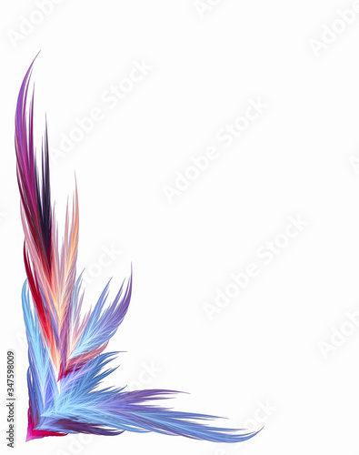 Multi-colored abstract fluffy feathers are located at the bottom left on a vertical background. Image for congratulations, postcards, decorations isolated on a white background. 3D rendering.