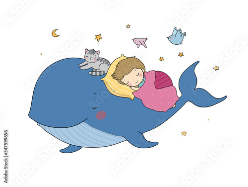 Cute cartoon boy and whale. Good night. time to sleep. Coloring page