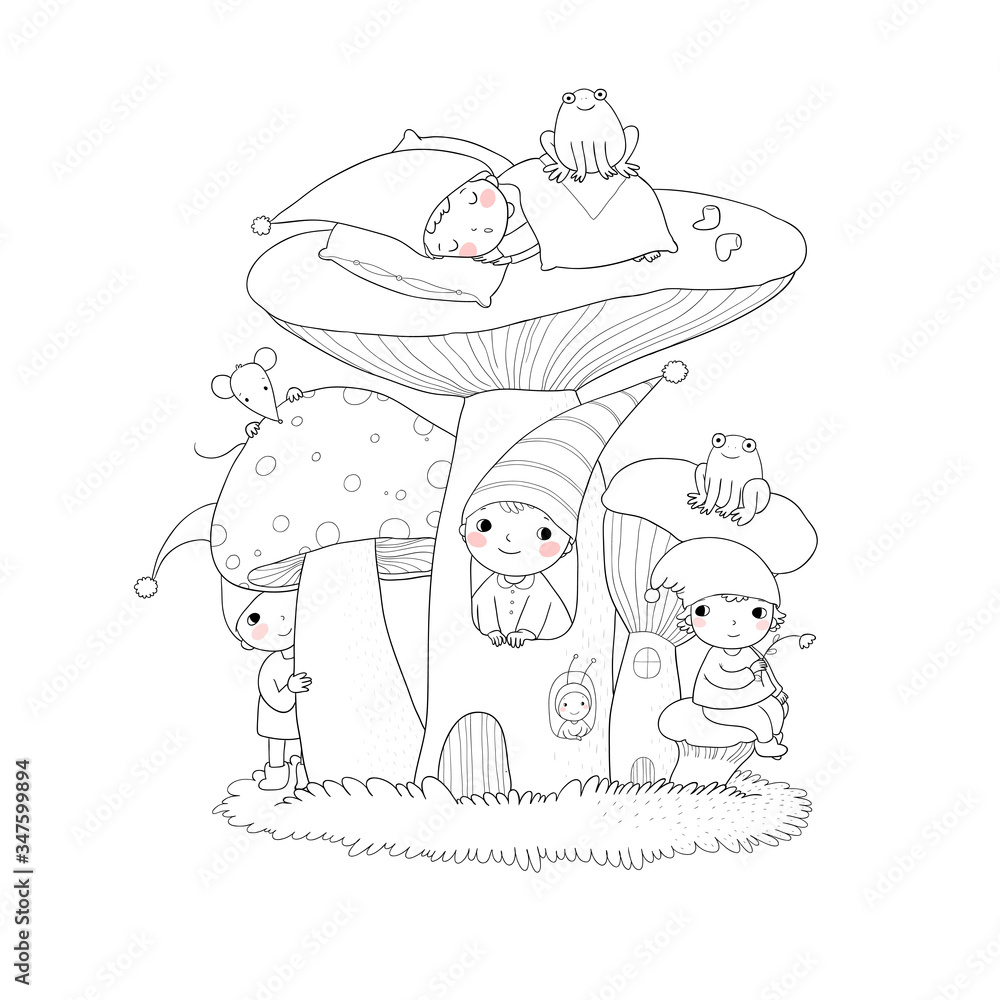 Fototapeta premium Cute cartoon gnomes, mushroom house and frog. Forest magic elves