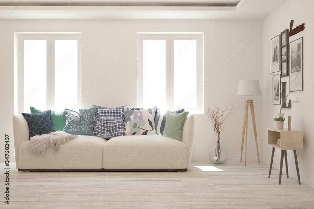 Fototapeta premium White living room with sofa. Scandinavian interior design. 3D illustration