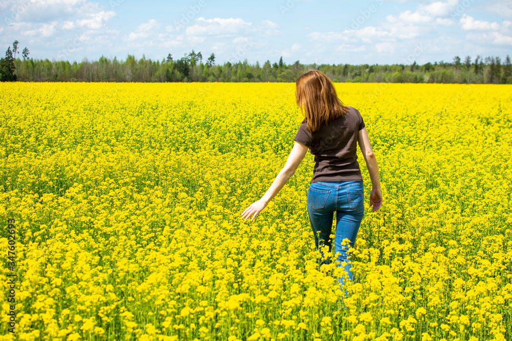 A young woman walks through a yellow-blooming rapeseed field. A young woman walks through a yellow-blooming rapeseed field.