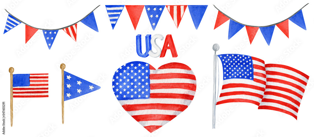 American Flag and String garland set, hand drawn watercolor illustration for happy independence day of America. 4th of july usa design concept on white backgraund